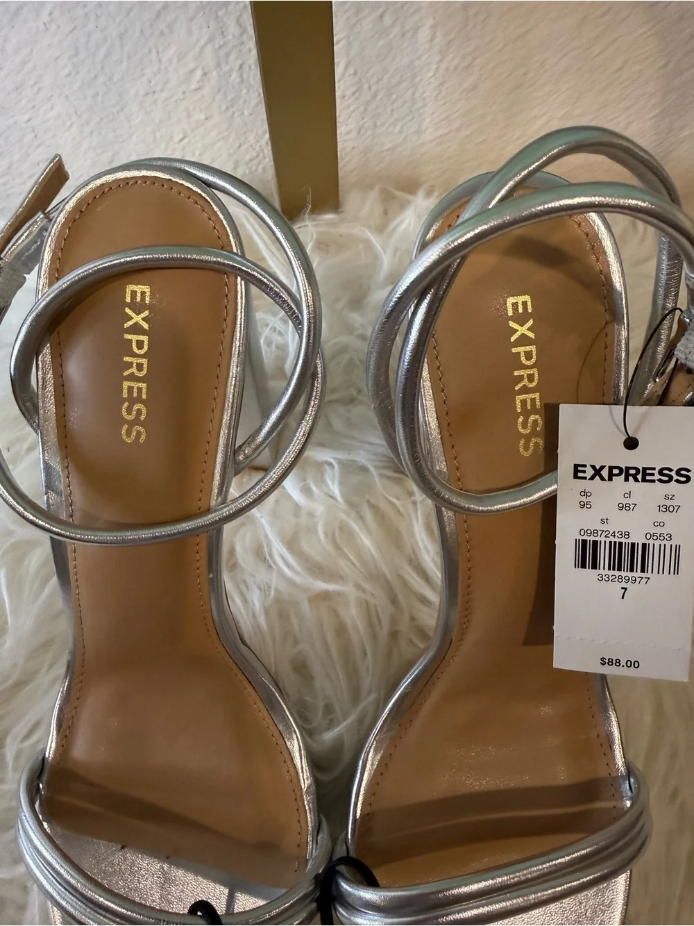 Express Silver Metallic Double-Ankle Block Heel Sandals Size 7